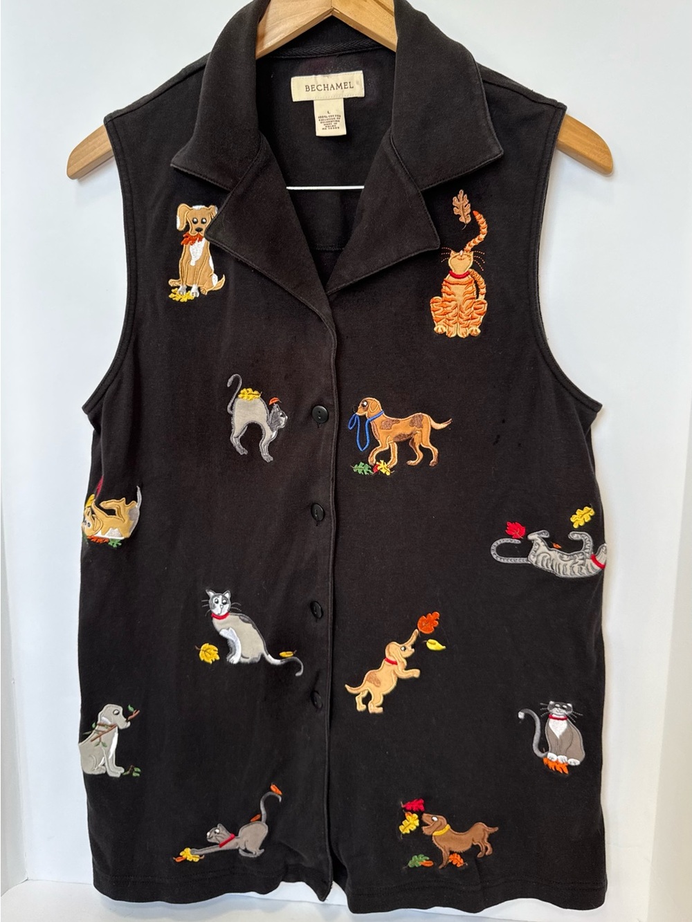 Vintage Bechamel Grandmacore Novelty Embroidered Cat Dog Vest Size L 100% Cotton